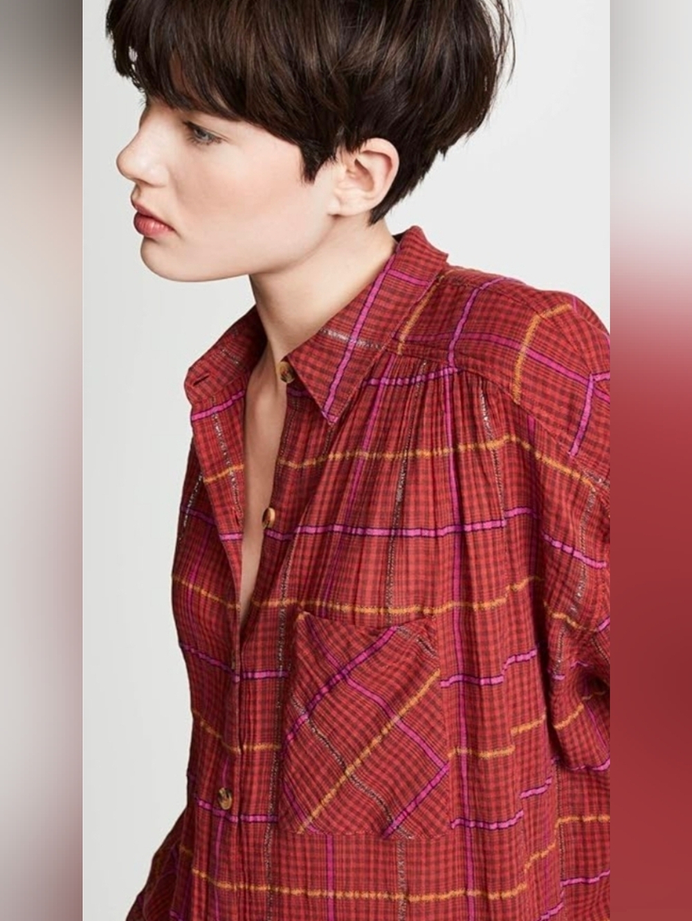 Free People Break My Stride Metallic Plaid Tunic top Oversized